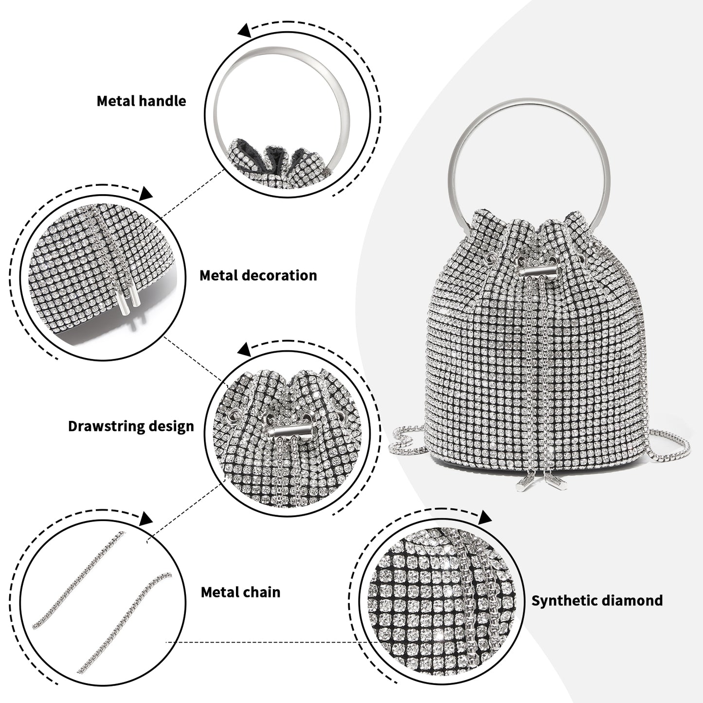 CLS2510 - Women's Rhinestone Evening Bag – Sparkly Handbag with Metal Ring Handle and Chain Crossbody Strap - Silver