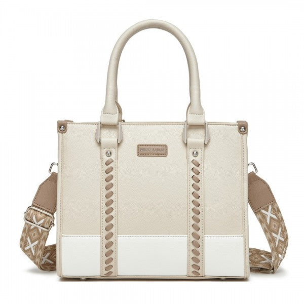 HBM2462 - Miss Lulu PU Leather Graceful Spacious Tote Bag with Woven Trim and Detachable Ethnic Strap - Khaki