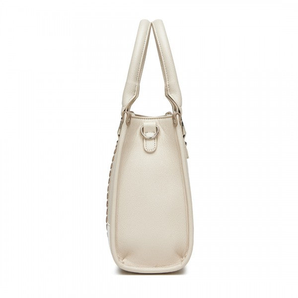 HBM2462 - Miss Lulu PU Leather Graceful Spacious Tote Bag with Woven Trim and Detachable Ethnic Strap - Khaki