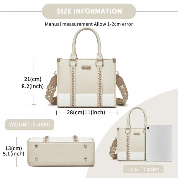 HBM2462 - Miss Lulu PU Leather Graceful Spacious Tote Bag with Woven Trim and Detachable Ethnic Strap - Khaki