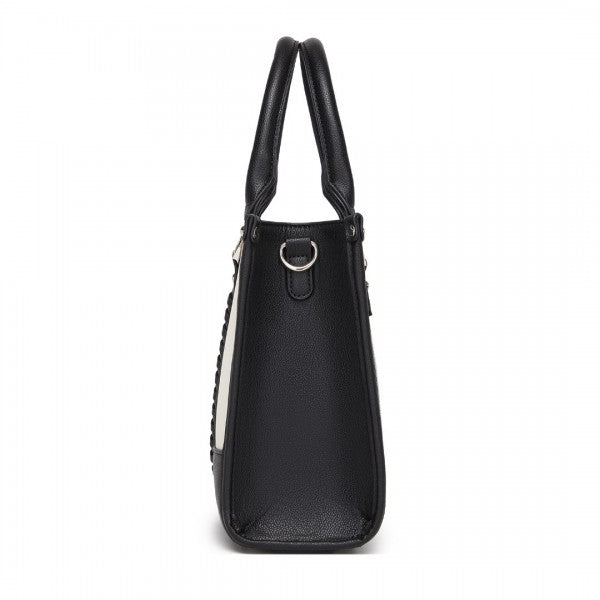 HBM2462 - Miss Lulu PU Leather Graceful Spacious Tote Bag with Woven Trim and Detachable Ethnic Strap - Khaki