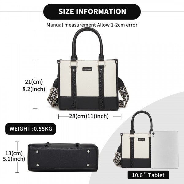HBM2462 - Miss Lulu PU Leather Graceful Spacious Tote Bag with Woven Trim and Detachable Ethnic Strap - Khaki