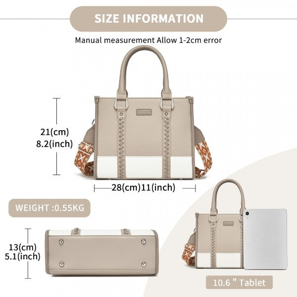 HBM2462 - Miss Lulu PU Leather Graceful Spacious Tote Bag with Woven Trim and Detachable Ethnic Strap - Khaki