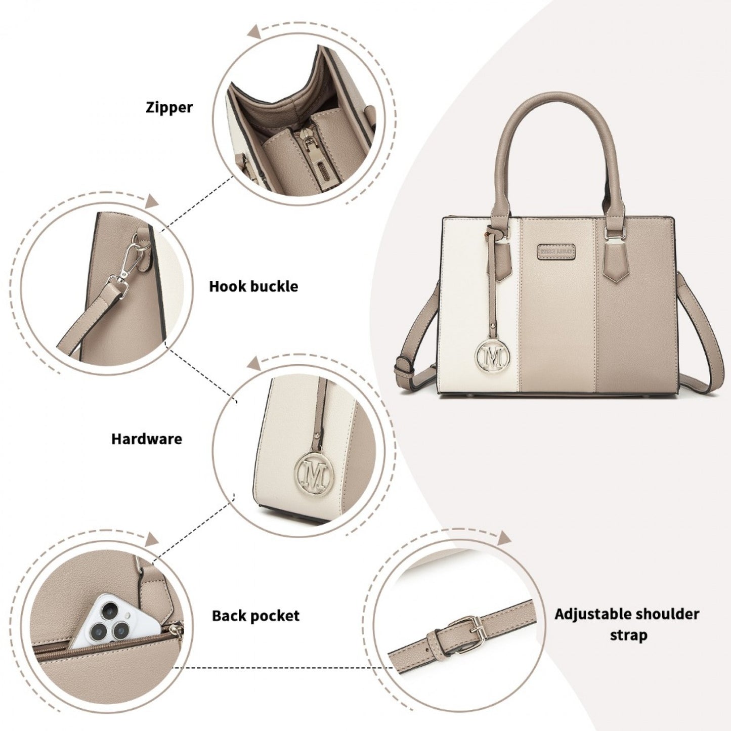 HBM2463 - MISS LULU PU Leather Three-Tone Stitched Shoulder Handbag - Stylish Daily Bag with Adjustable Strap - Khaki