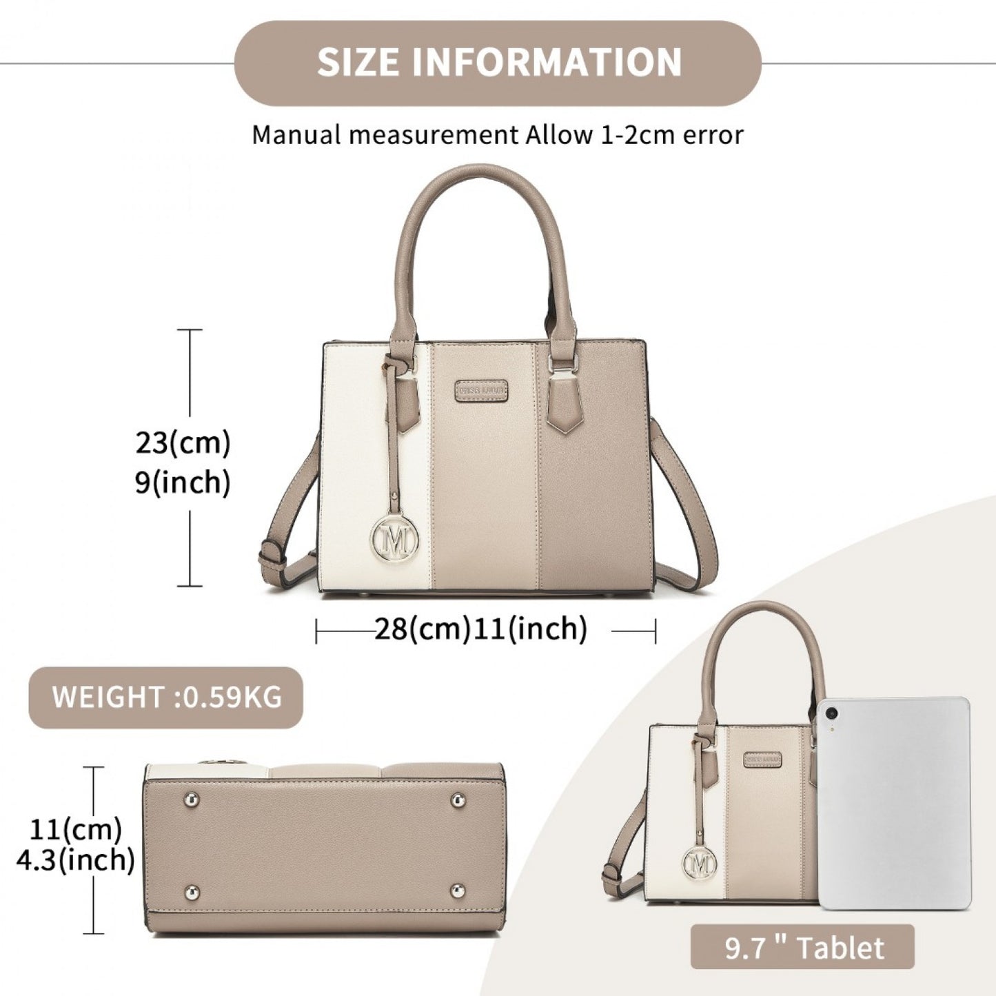 HBM2463 - MISS LULU PU Leather Three-Tone Stitched Shoulder Handbag - Stylish Daily Bag with Adjustable Strap - Khaki