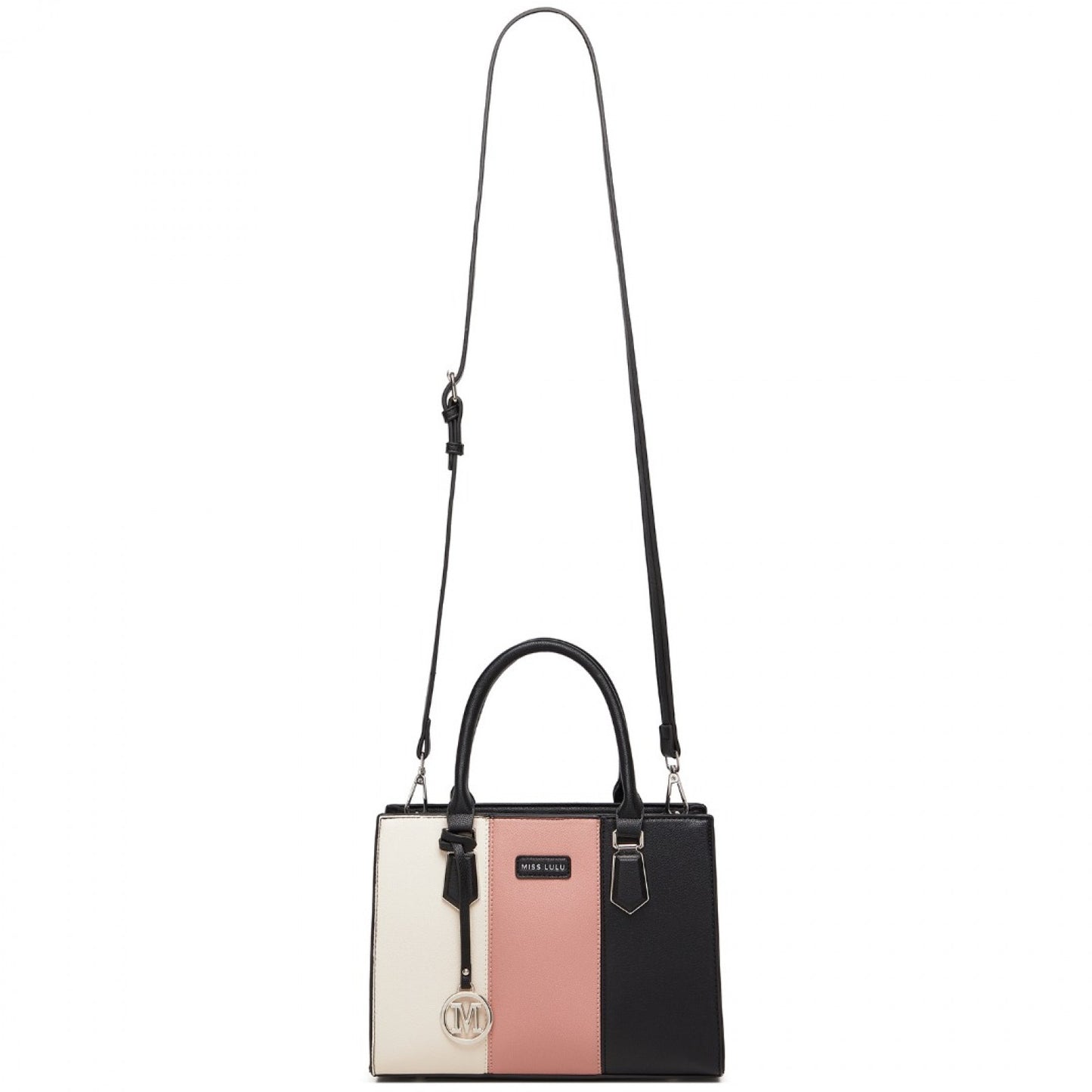 HBM2463 - MISS LULU PU Leather Three-Tone Stitched Shoulder Handbag - Stylish Daily Bag with Adjustable Strap - Pink