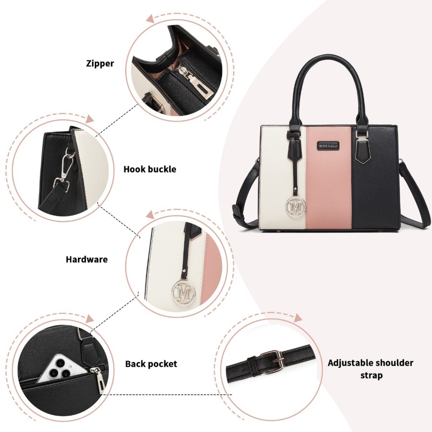 HBM2463 - MISS LULU PU Leather Three-Tone Stitched Shoulder Handbag - Stylish Daily Bag with Adjustable Strap - Pink