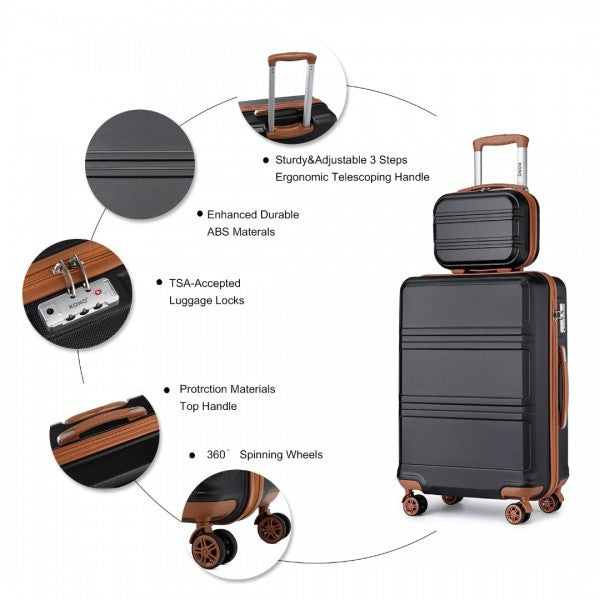 K1871-1L+EA2212 - Kono ABS 4 Wheel Suitcase Set With Vanity Case And Weekend Bag And Toiletry Bag - Black And Brown