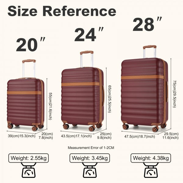 KSK2484 - Kono 3-Piece Expandable Luggage Set 20"/24"/28" Durable Hard Shell ABS+PC Suitcases with TSA Lock for Secure Travel - Burgundy and Brown