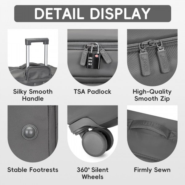 KSK2491 - Kono 3-Piece 20/24/28 Inch Lightweight Durable Soft Shell Suitcase Set with TSA Lock and Separate Wet/Dry Compartment - Grey