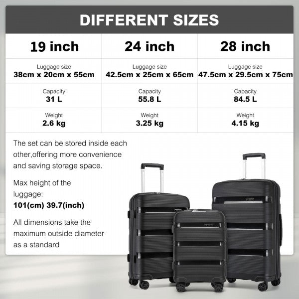 KSK2492 - Kono 3-Piece PP Hardshell Luggage Set–Durable Travel Suitcases with TSA Lock, 360° Spinner Wheels - Black