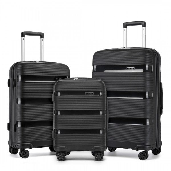 KSK2492 - Kono 3-Piece PP Hardshell Luggage Set–Durable Travel Suitcases with TSA Lock, 360° Spinner Wheels - Black