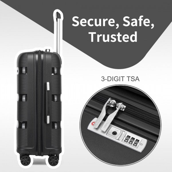 KSK2492 - Kono 3-Piece PP Hardshell Luggage Set–Durable Travel Suitcases with TSA Lock, 360° Spinner Wheels - Black