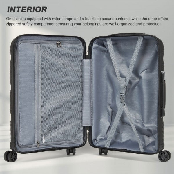 KSK2492 - Kono 3-Piece PP Hardshell Luggage Set–Durable Travel Suitcases with TSA Lock, 360° Spinner Wheels - Black