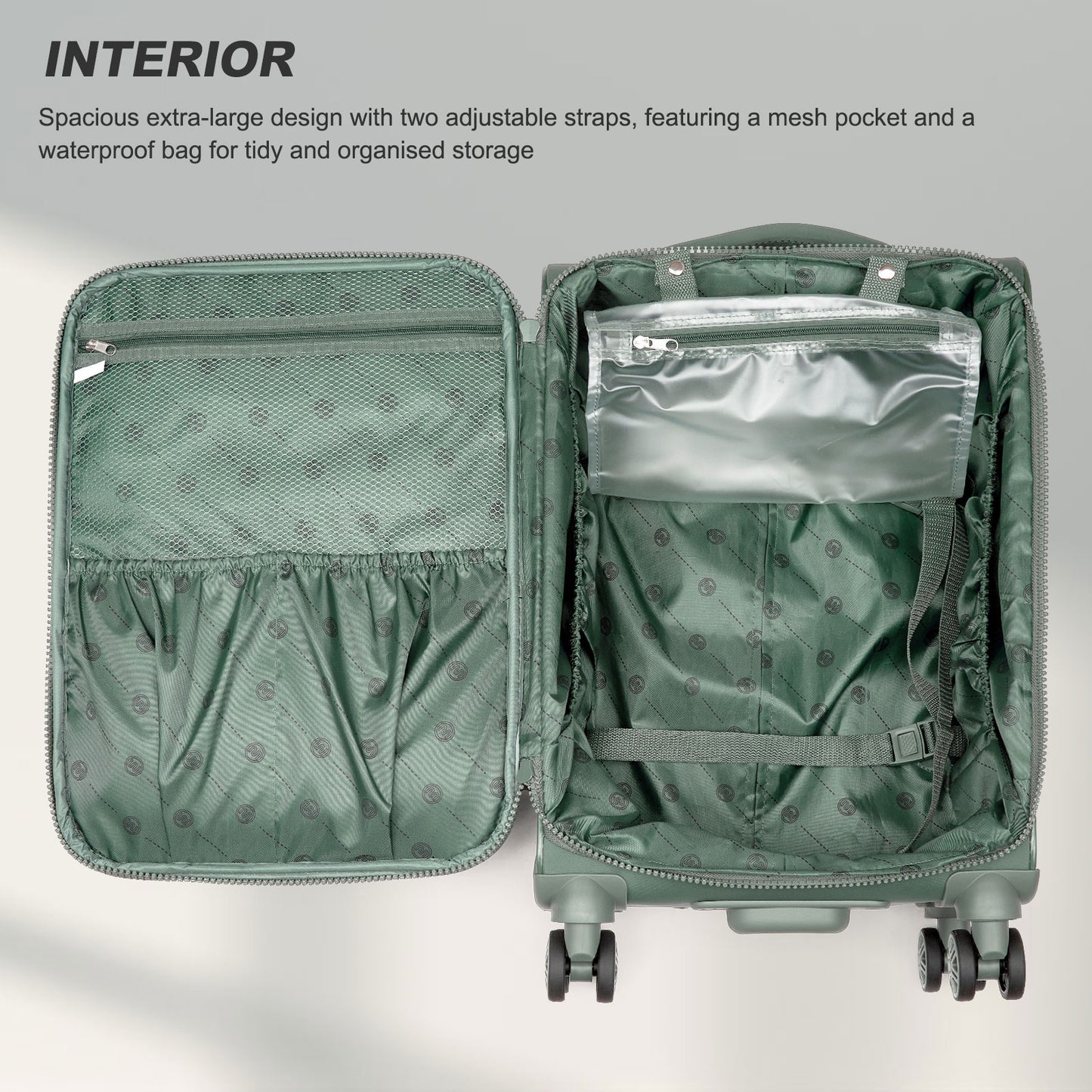 KSN2593 - 20 inch Women's Lightweight Softshell Suitcase with Spinner Wheels and Spacious Compartments - Green