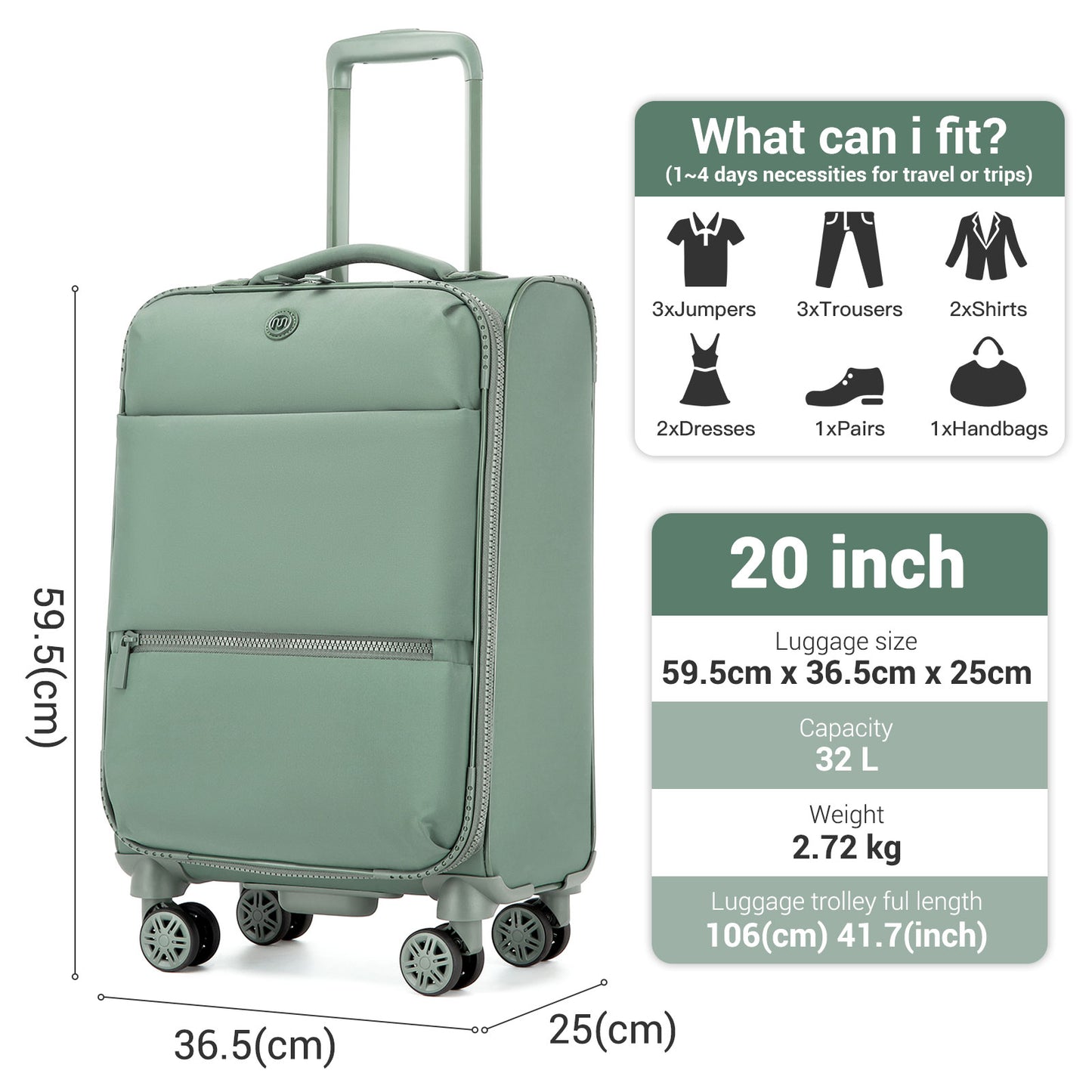 KSN2593 - 20 inch Women's Lightweight Softshell Suitcase with Spinner Wheels and Spacious Compartments - Green