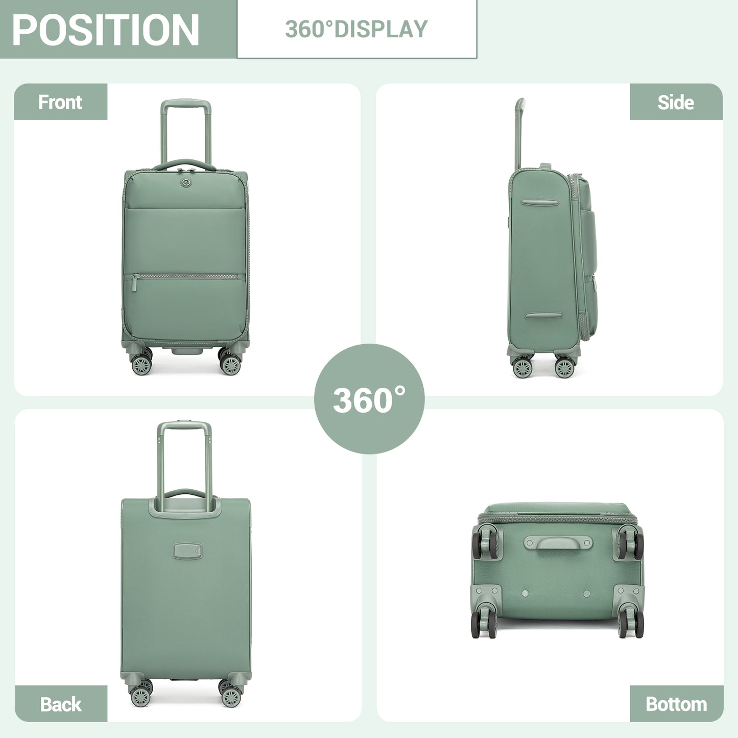 KSN2593 - 20 inch Women's Lightweight Softshell Suitcase with Spinner Wheels and Spacious Compartments - Green