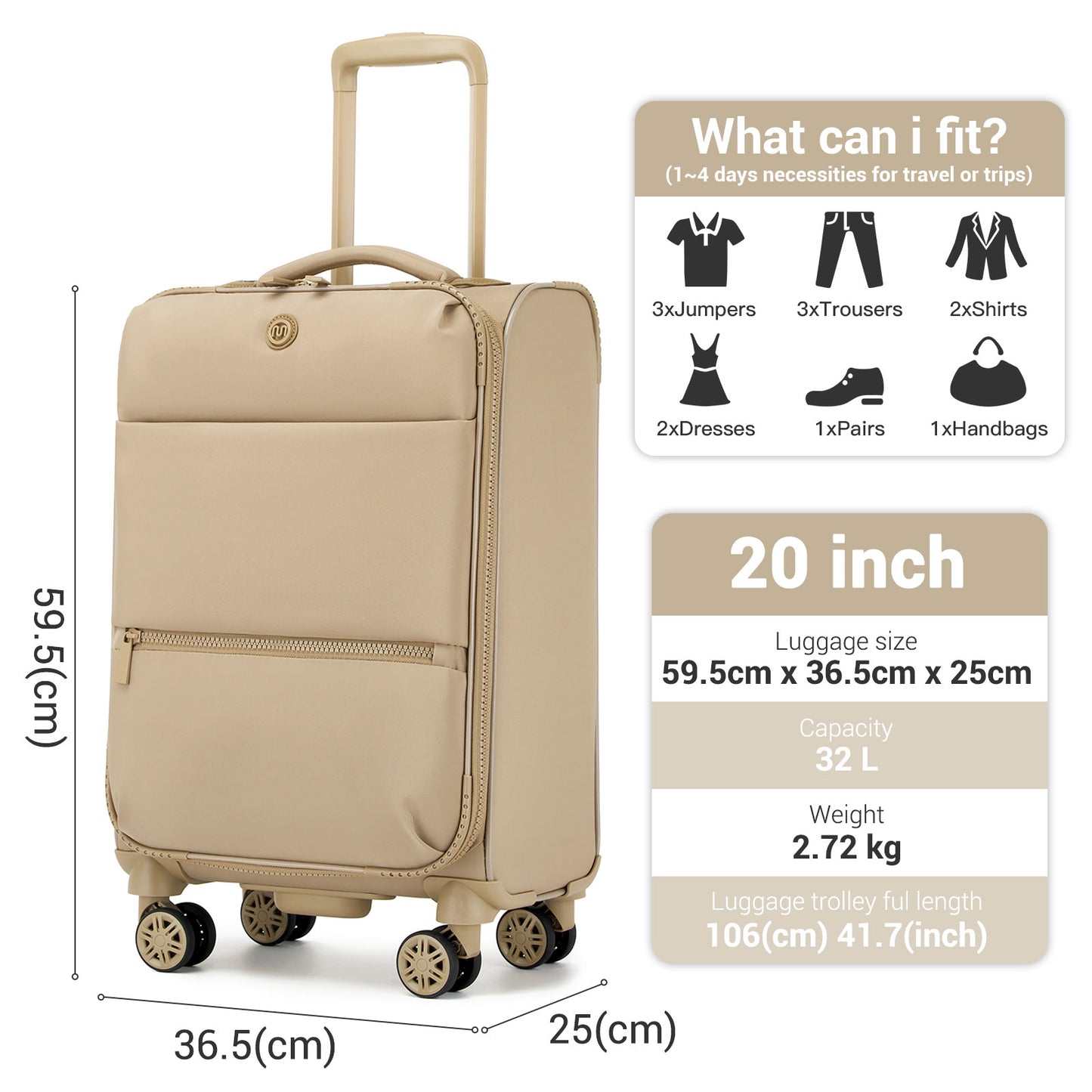 KSN2593 - 20 inch Women's Lightweight Softshell Suitcase with Spinner Wheels and Spacious Compartments - Khaki
