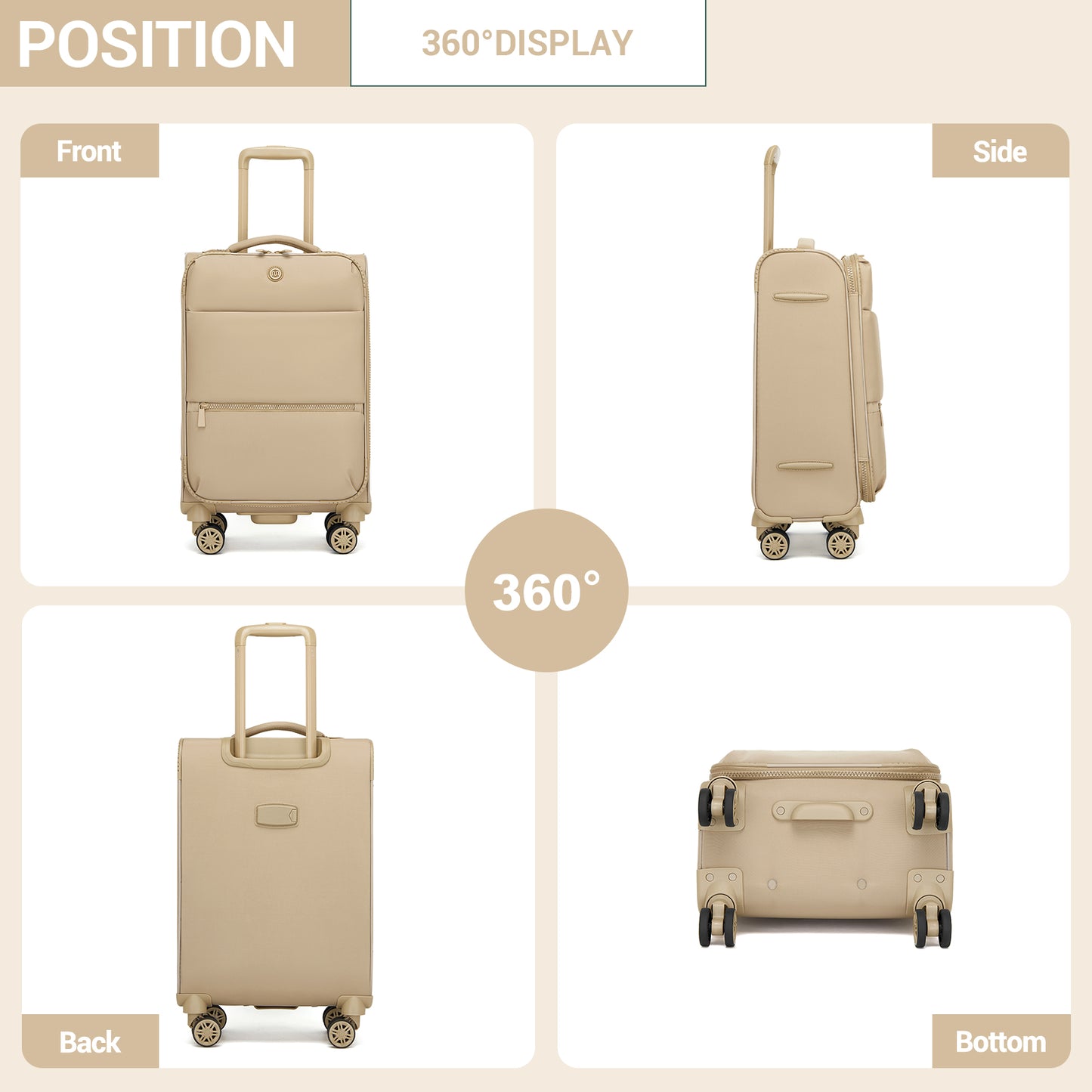 KSN2593 - 20 inch Women's Lightweight Softshell Suitcase with Spinner Wheels and Spacious Compartments - Khaki