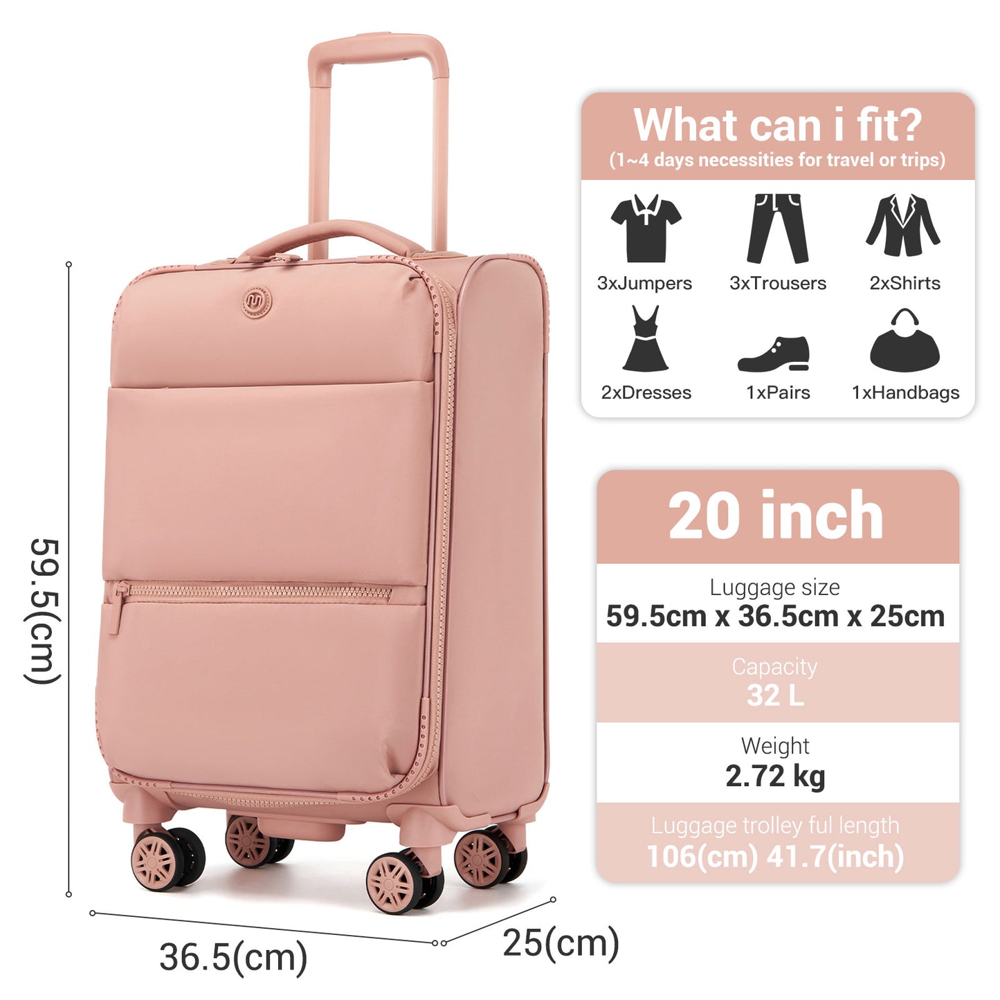 KSN2593 - 20 inch Women's Lightweight Softshell Suitcase with Spinner Wheels and Spacious Compartments - Pink