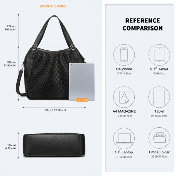 LB2317 - Miss Lulu Casual Shoulder Bag With Stylish Pleated Design - Black