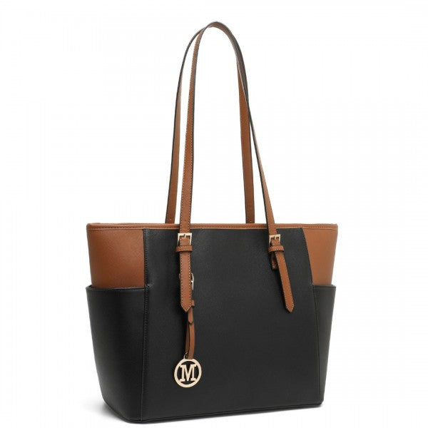 LM1642-1 - Miss Lulu Faux Leather Adjustable Handle Tote Bag - Beige And Light Brown