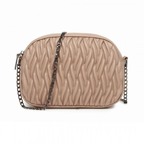 MSM2449 - Miss Lulu Practical Quilted Soft PU Leather Crossbody Shoulder Bag with Chain Strap - Khaki