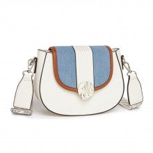 MSM2506 - Miss Lulu Women’s PU Leather Ethnic Style Crossbody Bag with Corduroy Flap and Adjustable Strap - Blue and Beige
