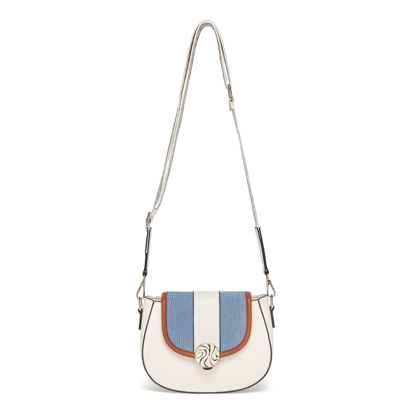 MSM2506 - Miss Lulu Women’s PU Leather Ethnic Style Crossbody Bag with Corduroy Flap and Adjustable Strap - Blue and Beige