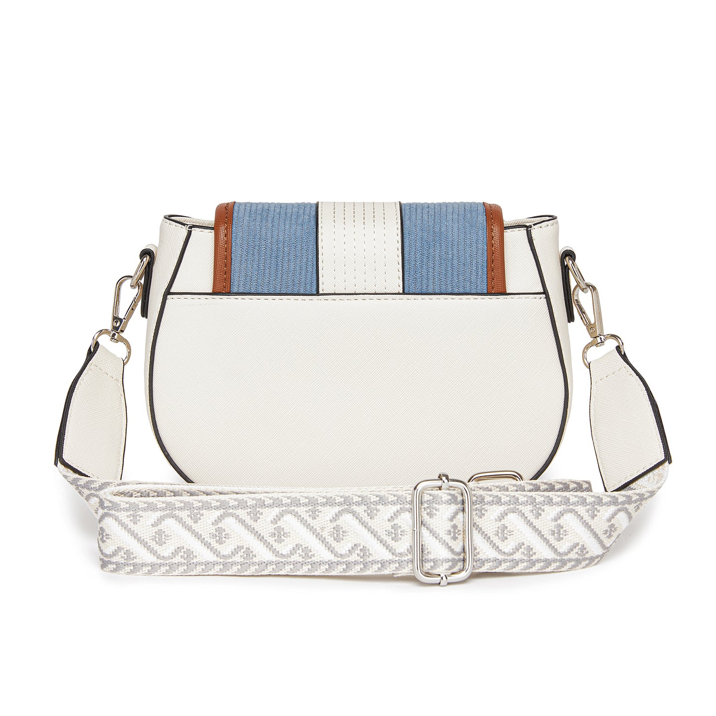 MSM2506 - Miss Lulu Women’s PU Leather Ethnic Style Crossbody Bag with Corduroy Flap and Adjustable Strap - Blue and Beige