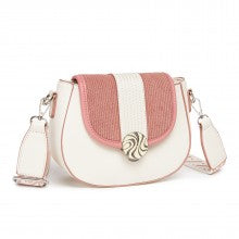 MSM2506 - Miss Lulu Women’s PU Leather Ethnic Style Crossbody Bag with Corduroy Flap and Adjustable Strap - Pink and Beige