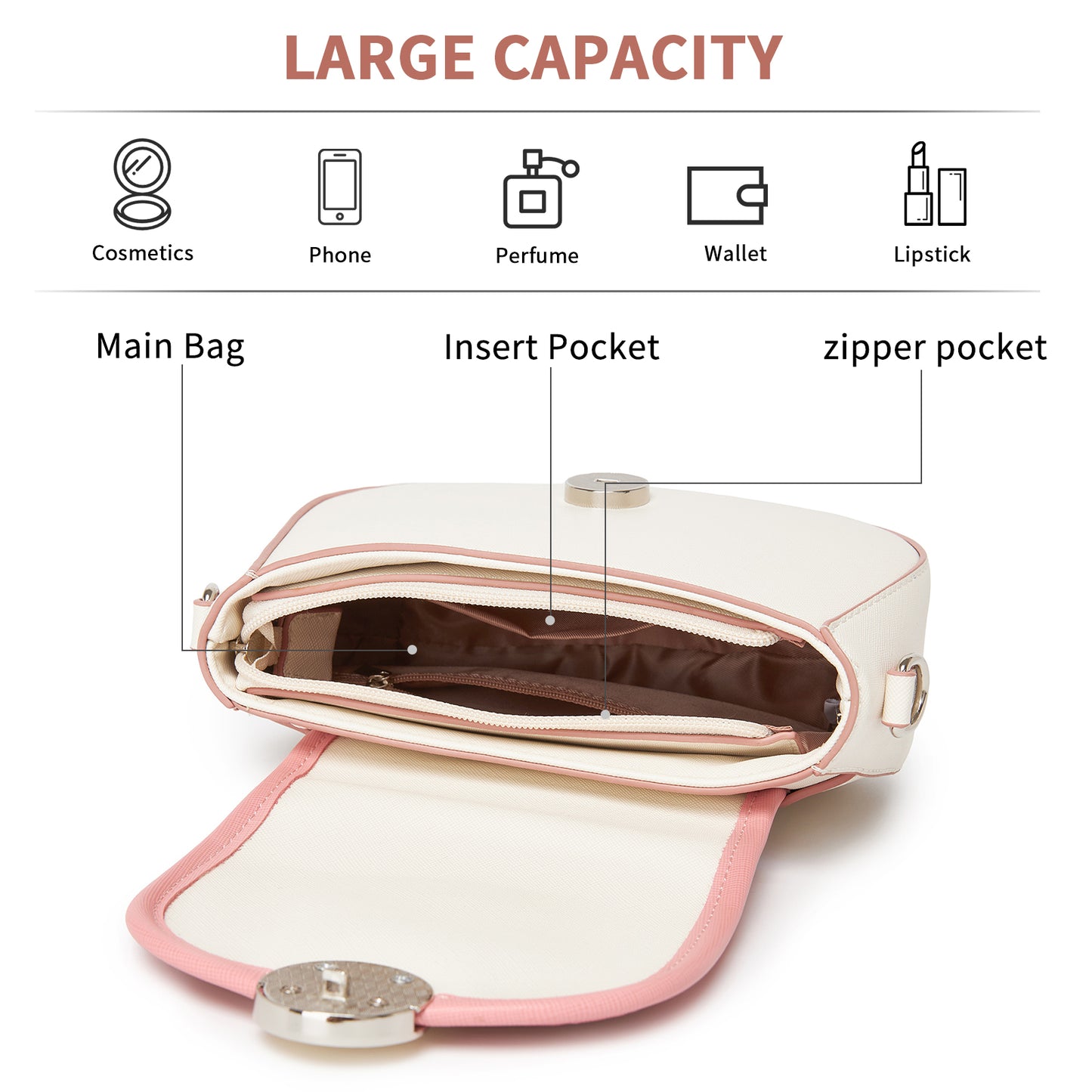 MSM2506 - Miss Lulu Women’s PU Leather Ethnic Style Crossbody Bag with Corduroy Flap and Adjustable Strap - Pink and Beige