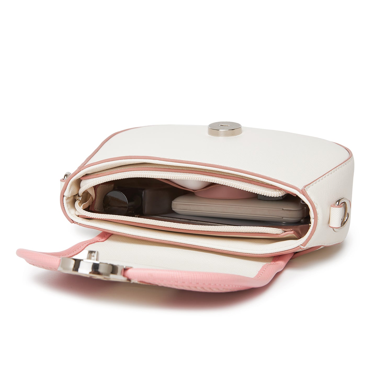 MSM2506 - Miss Lulu Women’s PU Leather Ethnic Style Crossbody Bag with Corduroy Flap and Adjustable Strap - Pink and Beige