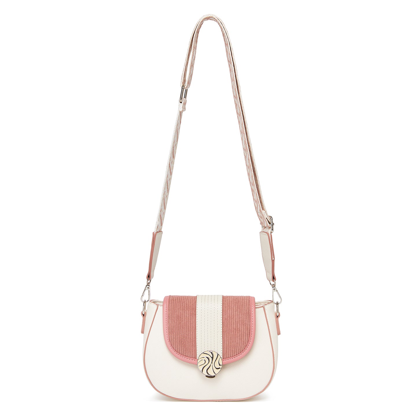 MSM2506 - Miss Lulu Women’s PU Leather Ethnic Style Crossbody Bag with Corduroy Flap and Adjustable Strap - Pink and Beige