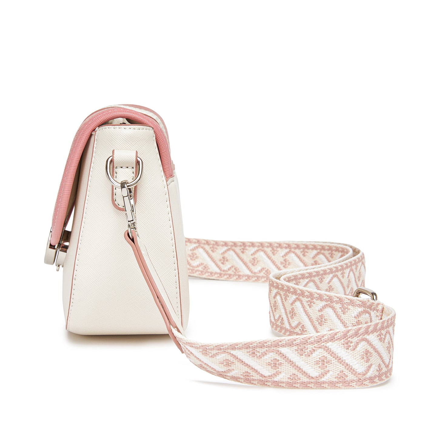 MSM2506 - Miss Lulu Women’s PU Leather Ethnic Style Crossbody Bag with Corduroy Flap and Adjustable Strap - Pink and Beige