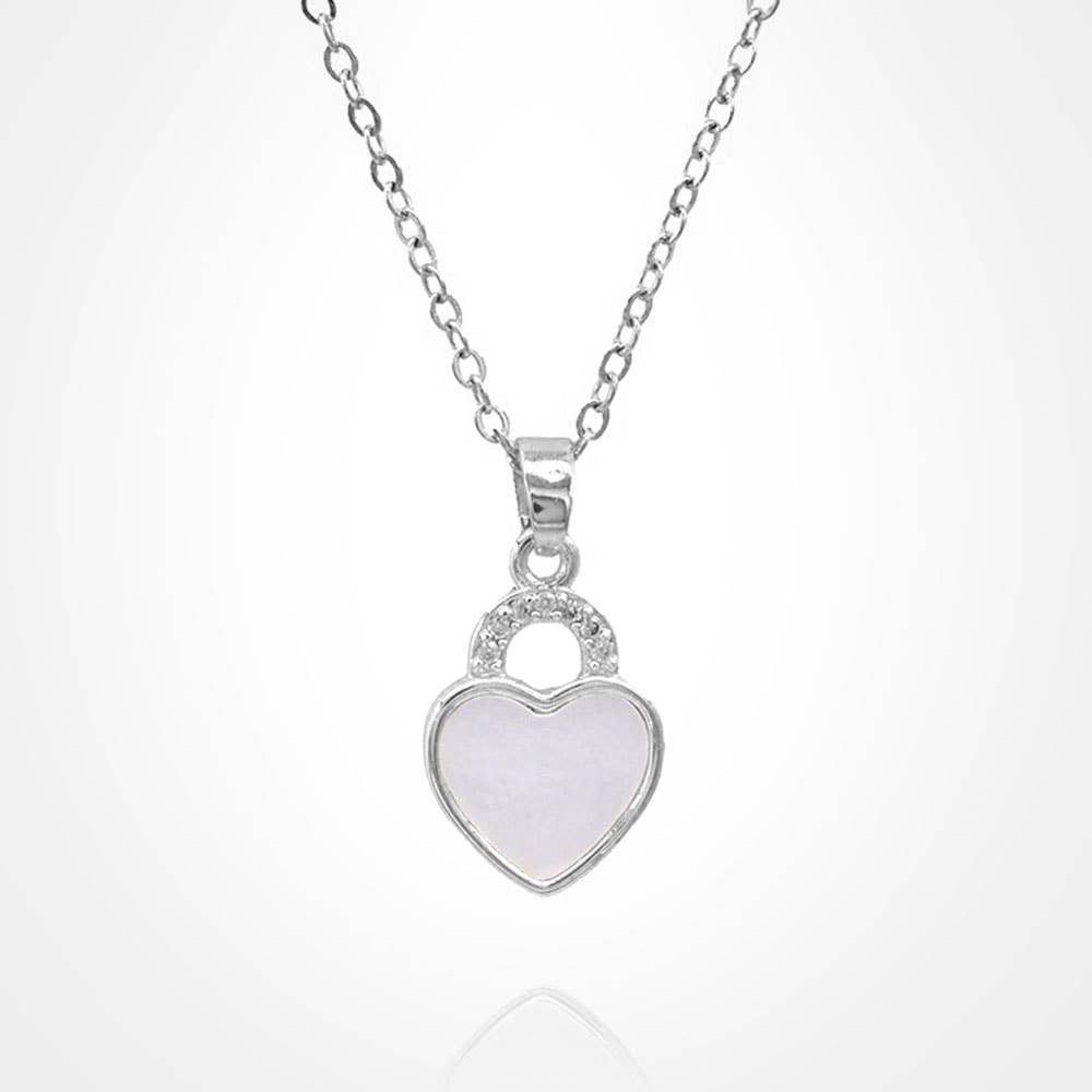 Stainless Steel CZ Stone Accent Mother of Pearl Heart Pendant Necklace
