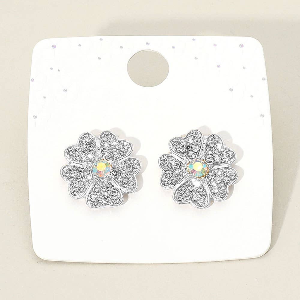 12Pairs - Rhinestone Paved Flower Stud Earrings