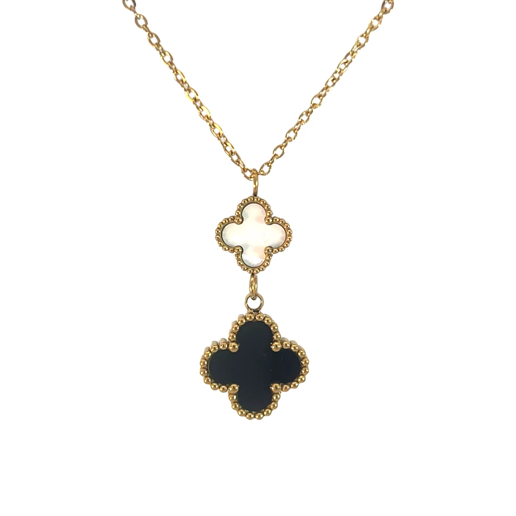 Double Drop White and Black Four Leaf Clover Necklace
