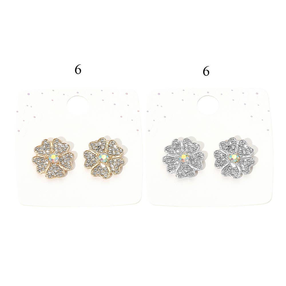 12Pairs - Rhinestone Paved Flower Stud Earrings