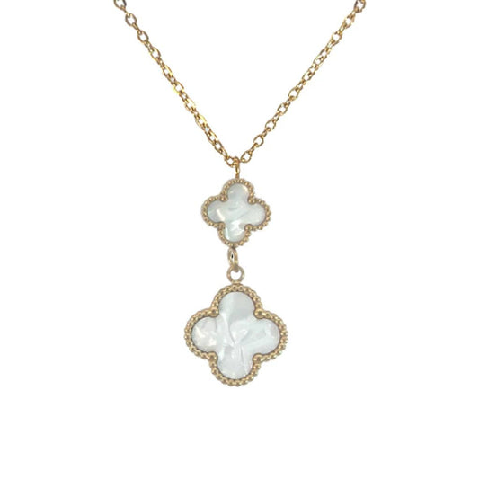 Double Drop White Four Leaf Clover Pendant Necklace