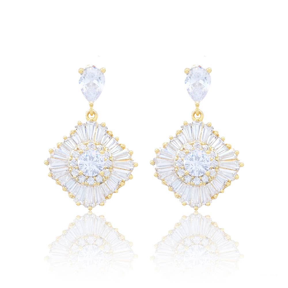 Gold Dipped CZ Stone Embellished Dangle Evening Earrings