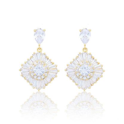 Gold Dipped CZ Stone Embellished Dangle Evening Earrings