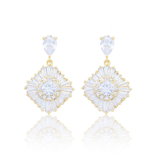 Gold Dipped CZ Stone Embellished Dangle Evening Earrings