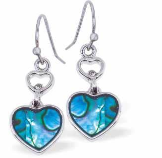 Paua Shell Heart Drop Earrings, with Heart Links. Rhodium