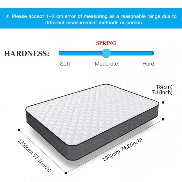 MTS001 - Good Nite Standard Double Memory Foam & Spring Mattress-135×190×18 cm-Quilted, Hypoallergenic, Breathable Design with Lumbar Support