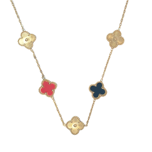Multi Colour Four Leaf Clover Necklace, 18K Gold Plated