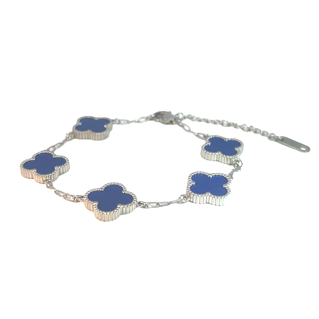 Blue Four Leaf Clover Double-Sided Bracelet, Silver Coloured