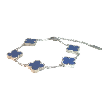 Blue Four Leaf Clover Double-Sided Bracelet, Silver Coloured