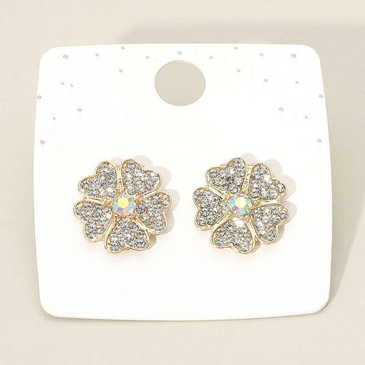 12Pairs - Rhinestone Paved Flower Stud Earrings