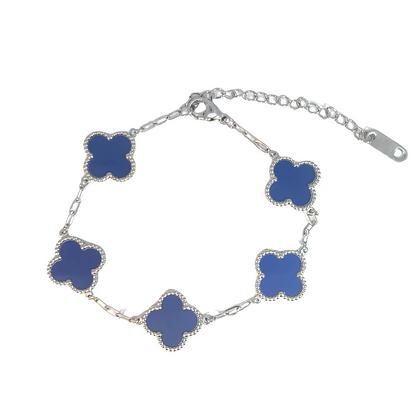 Blue Four Leaf Clover Double-Sided Bracelet, Silver Coloured